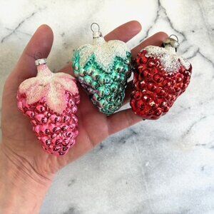 Vintage Glass Strawberry Grapes Christmas Ornaments S/3 Mercury Pink Aqua Fruit